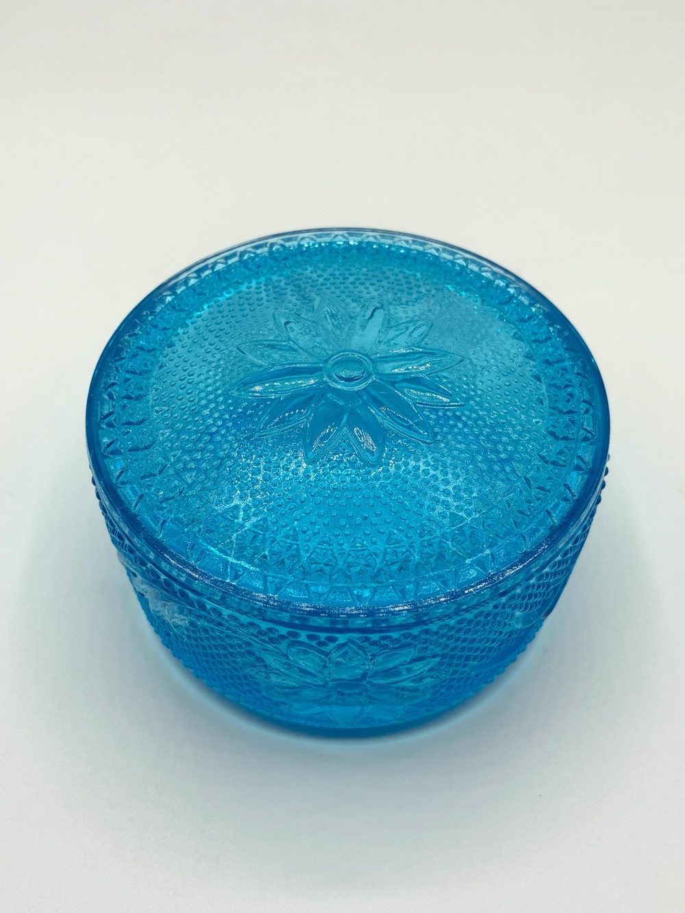 Vintage Indiana Glass Tiara Blue Sandwich Glass Trinket Powder Puff Box
